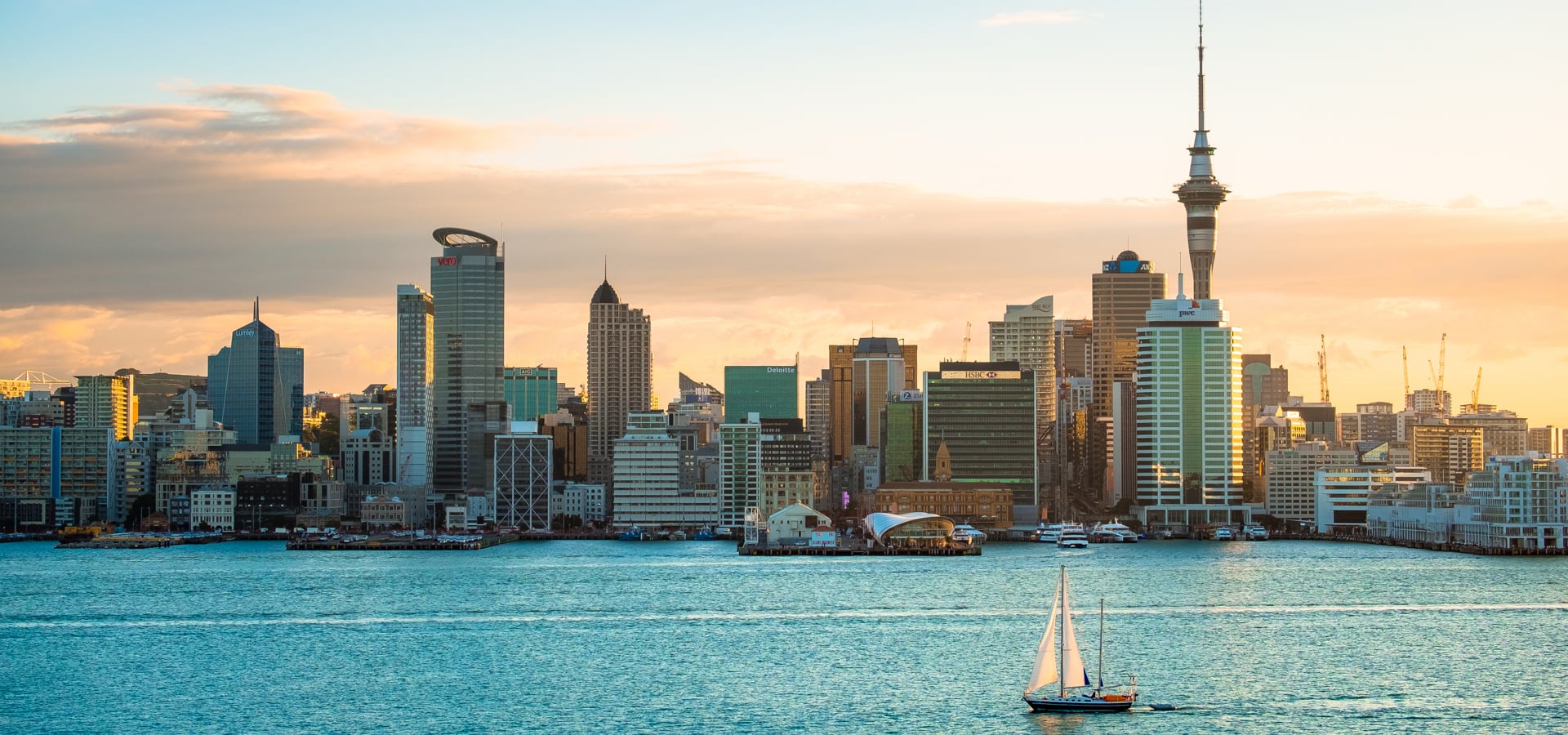 Skyline view of the buildings in Auckland, New Zealand along the water before sunset.