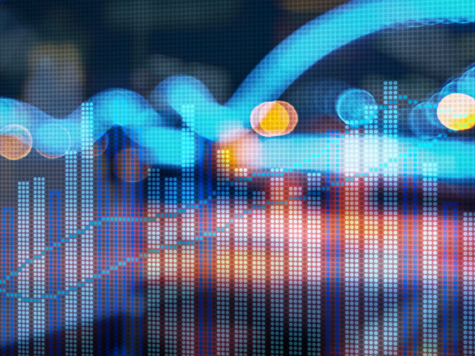 Abstract financial markets composition featuring contrasting blue and yellow bar chart shapes.