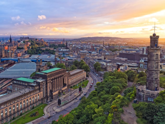 Aerial view of Edinburgh during sunset.