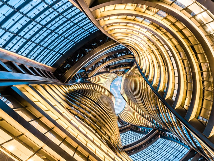 Upward view of office buildings.