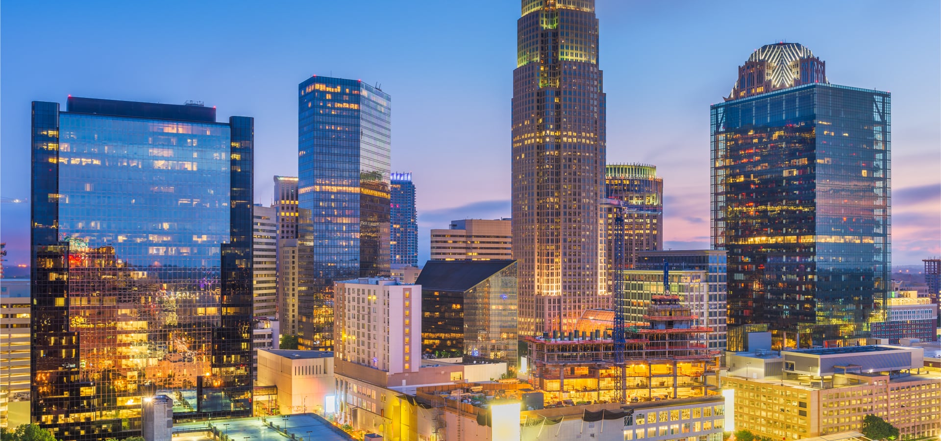 Skyline view of Charlotte, North Carolina at twilight.