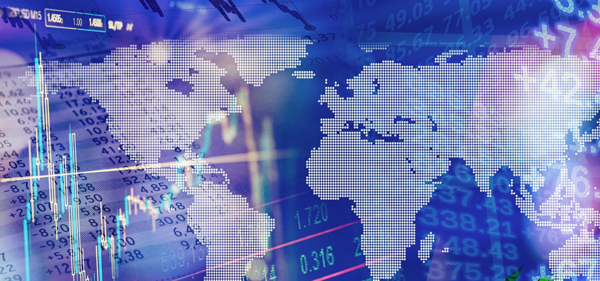 Global map overlaid with stock market charts and data, representing emerging markets equities.